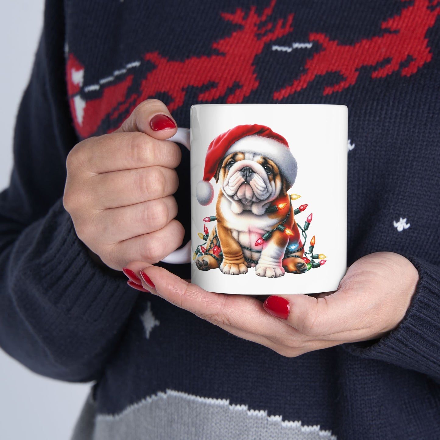 🎅 English Bulldog Christmas Lights Mug – Grumpy Pup, Jolly Spirit! 🐾☕