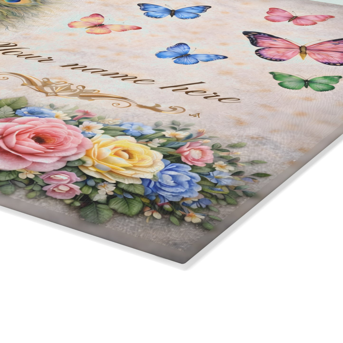 Personalized Peacock Glass Cutting Board – Elegant Butterfly & Floral Kitchen Display