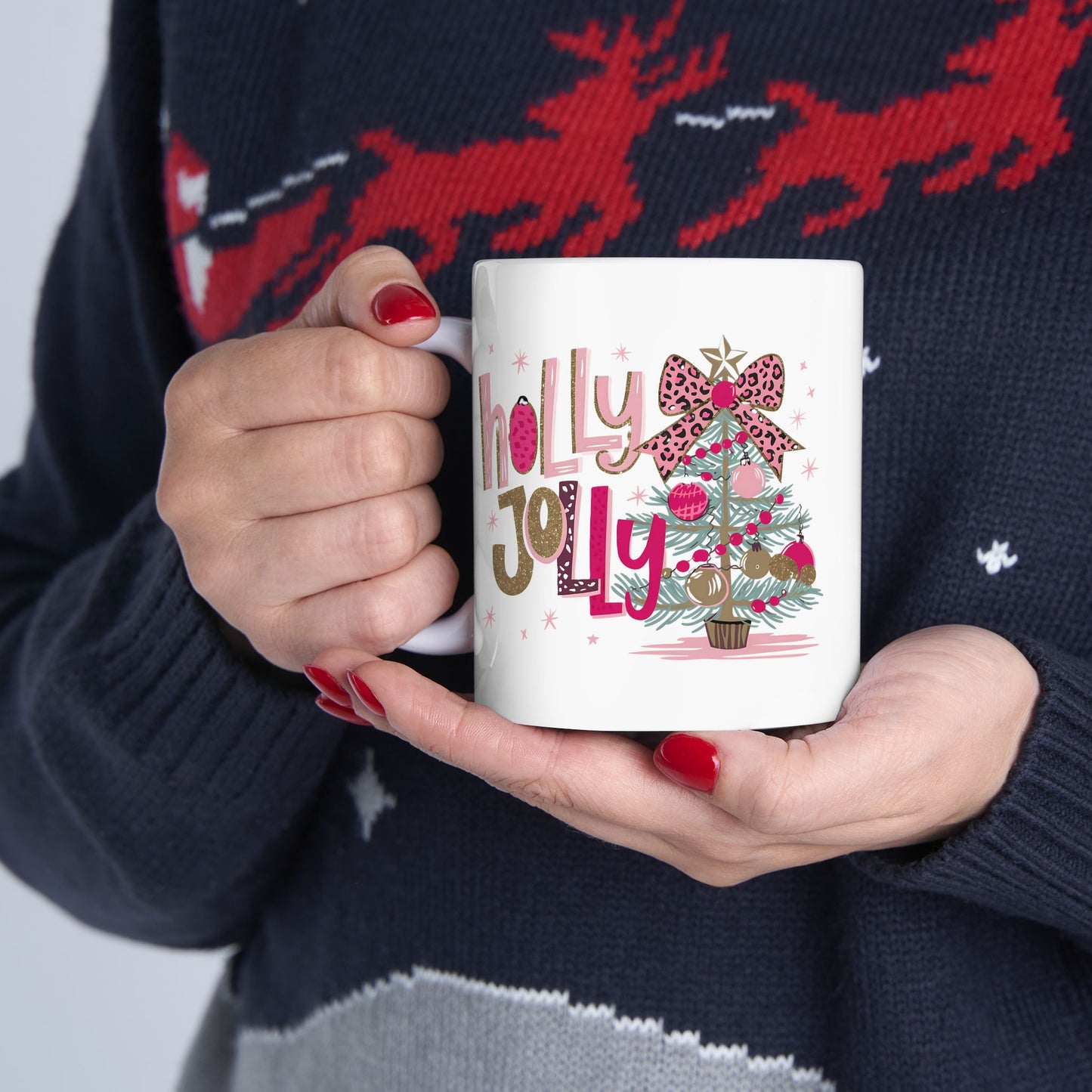 🎀🌟 Holly Jolly Christmas Mug – Glam Tree, Leopard Bow, and Holiday Sass 🎄💖