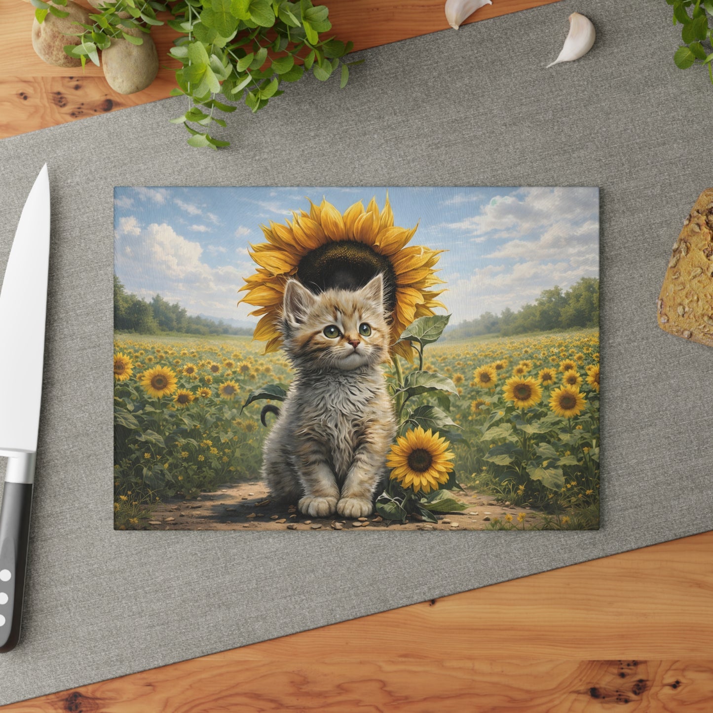 Sunflower Kitten Glass Cutting Board – Whimsical Floral Cat Art Kitchen Decor