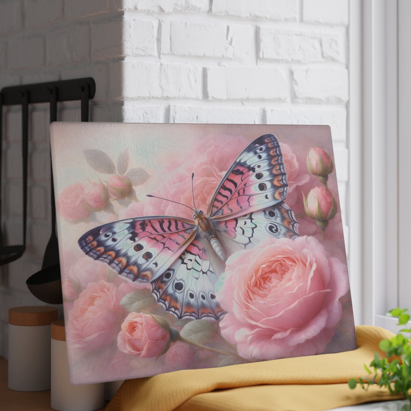 Pink Butterfly & Rose Garden Glass Cutting Board – Elegant Floral Nature Kitchen Décor