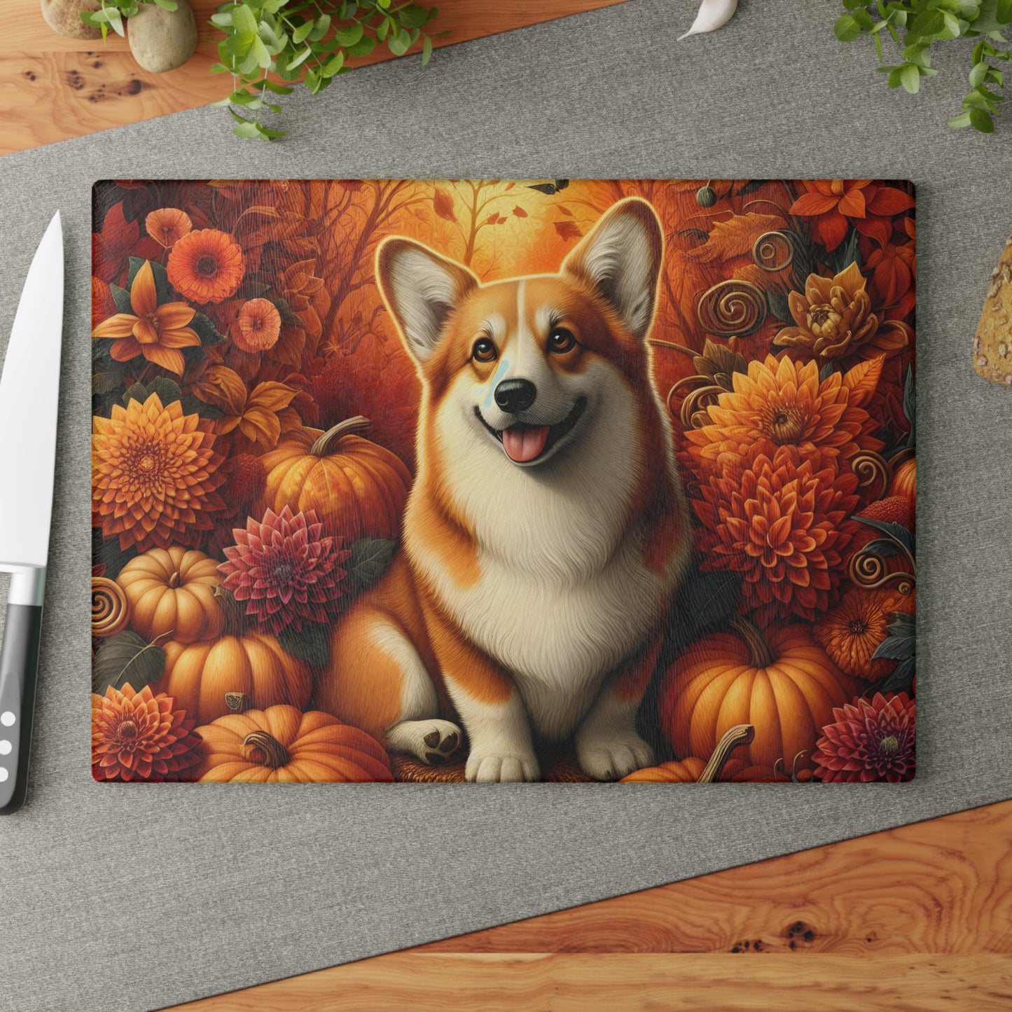 🍂🐾 Autumn Corgi Cutting Board – Cozy Fall Vibes for Your Kitchen 🎃