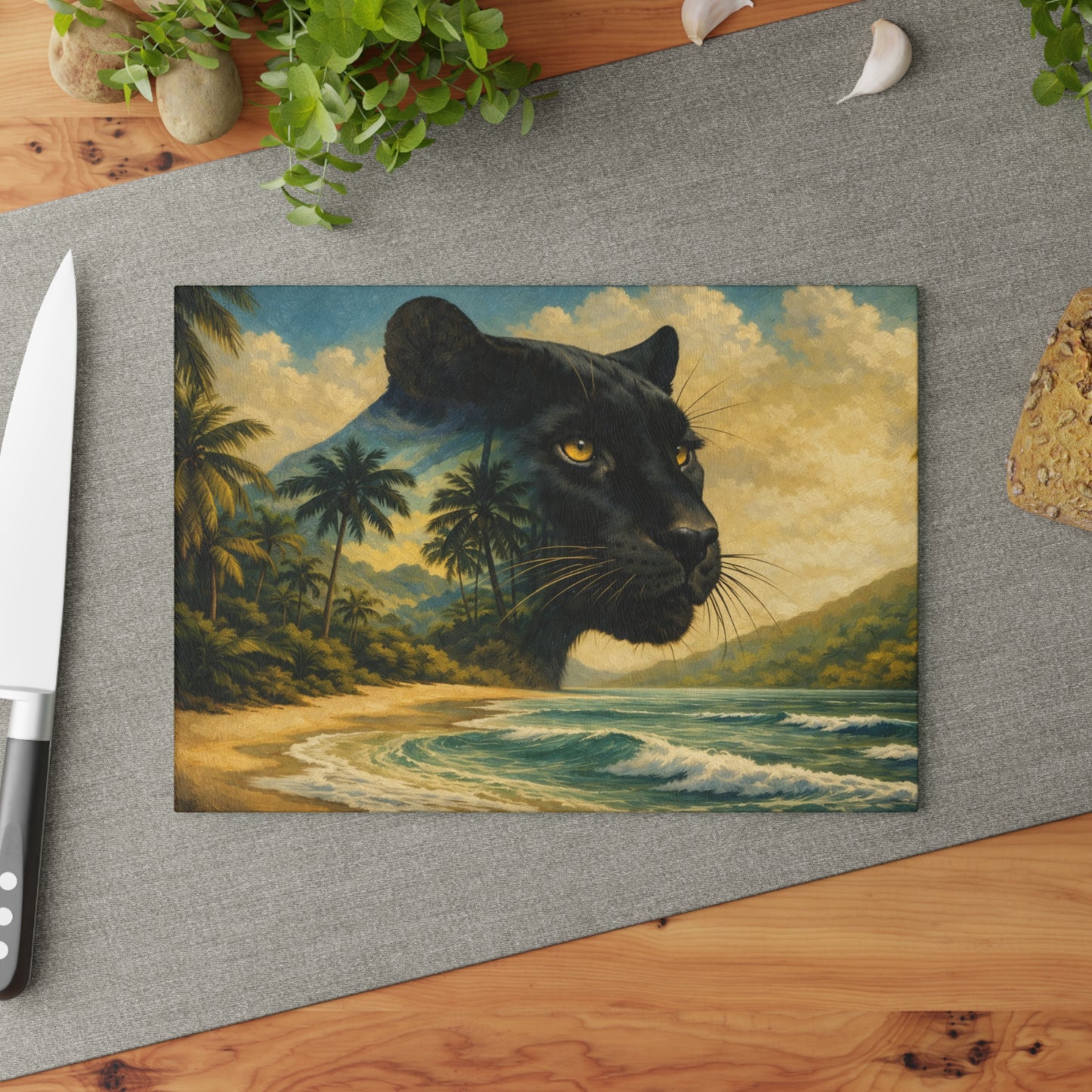Black Panther Tropical Beach Glass Cutting Board – Exotic Wildlife Coastal Artwork