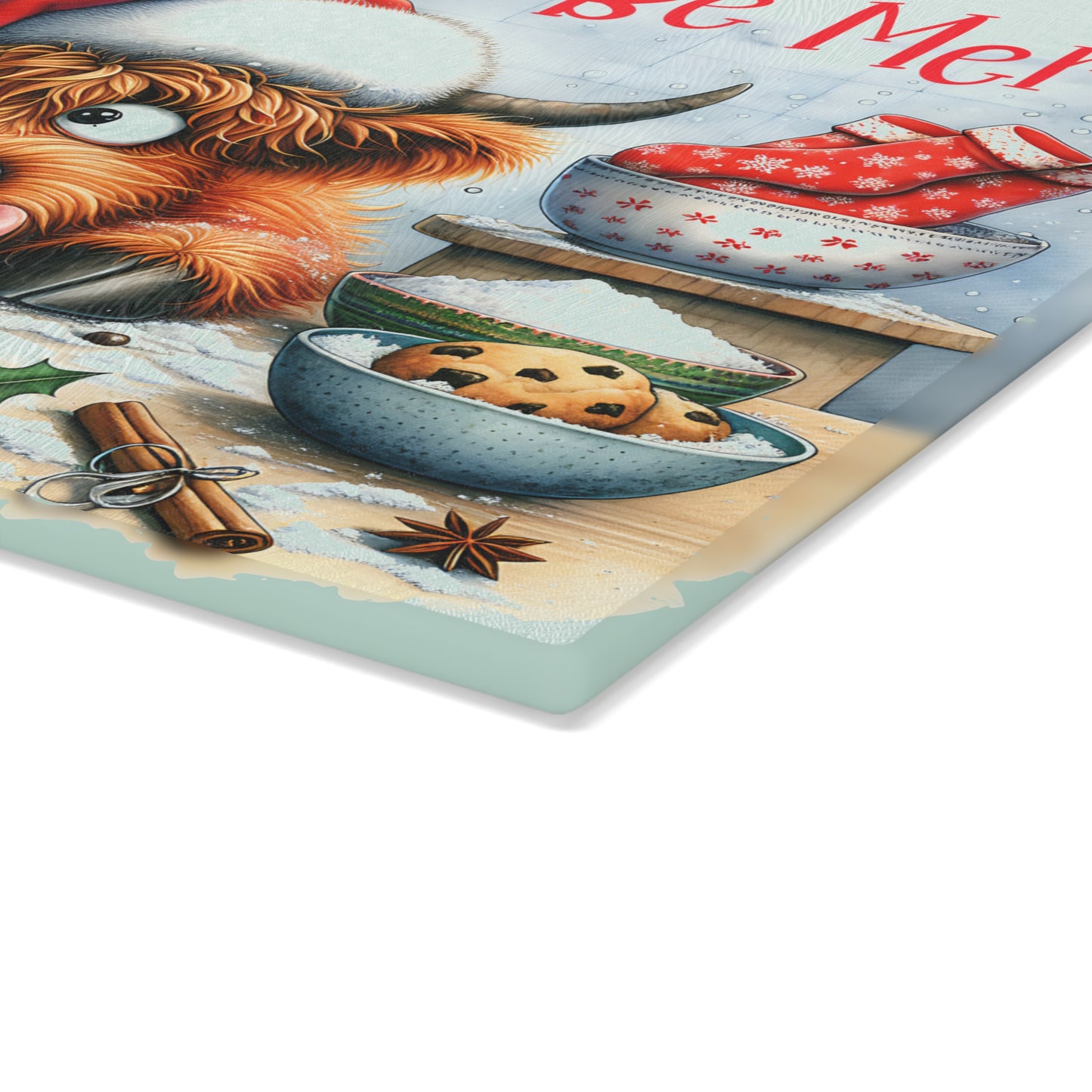 Eat, Bake and Be Merry Highland Cow Cutting Board – Festive Christmas Kitchen Cheer
