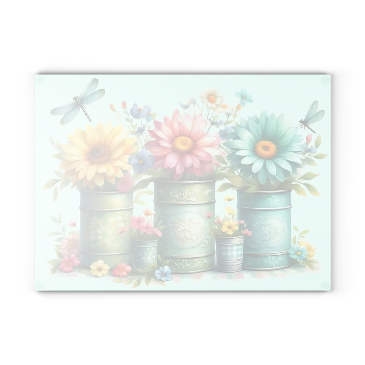 🌾 Dos libélulas con jarrones rústicos y flores silvestres – Tabla de cortar de vidrio con encanto campestre