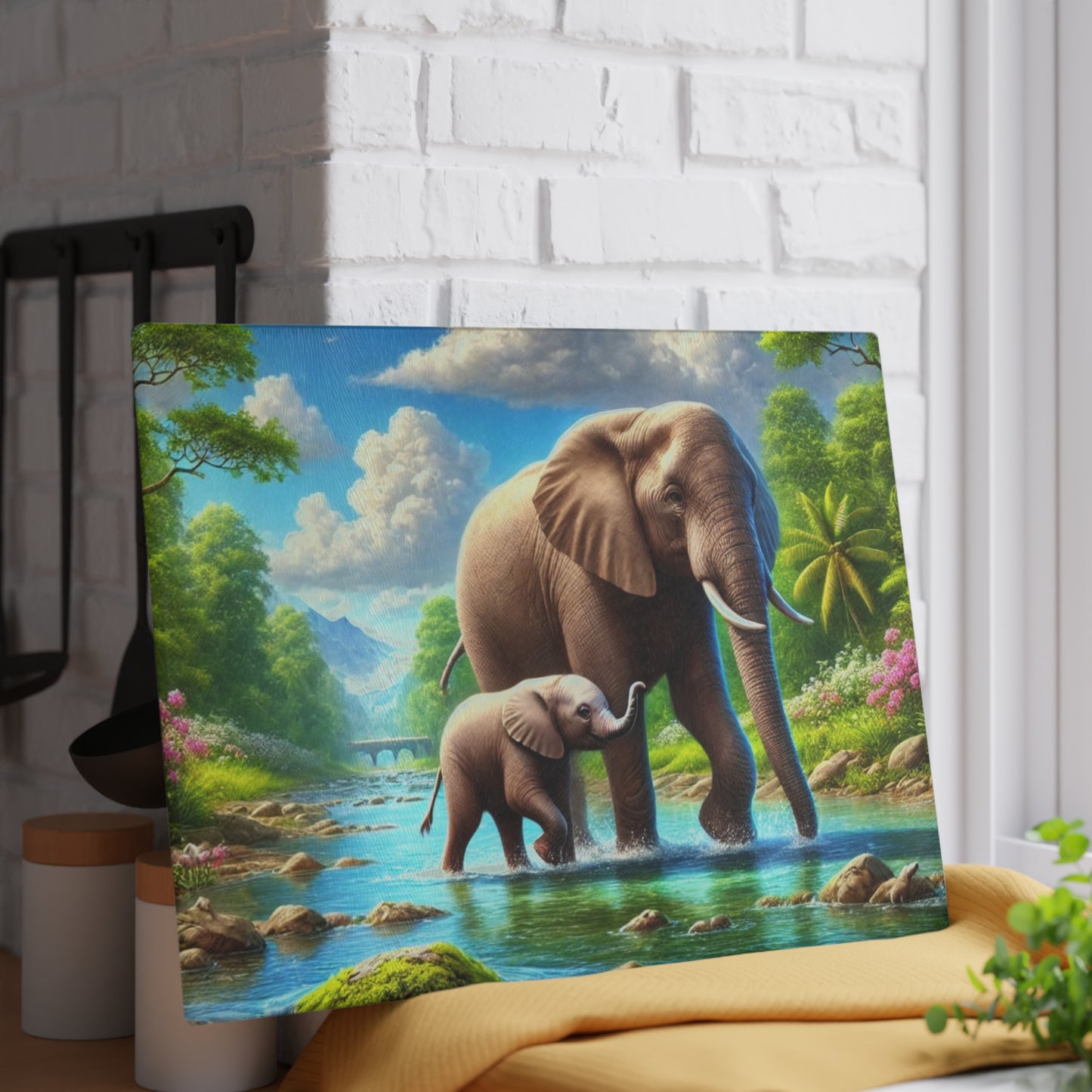 Mother elephant and her baby tempered glass cutting board - walking down a peaceful water creek