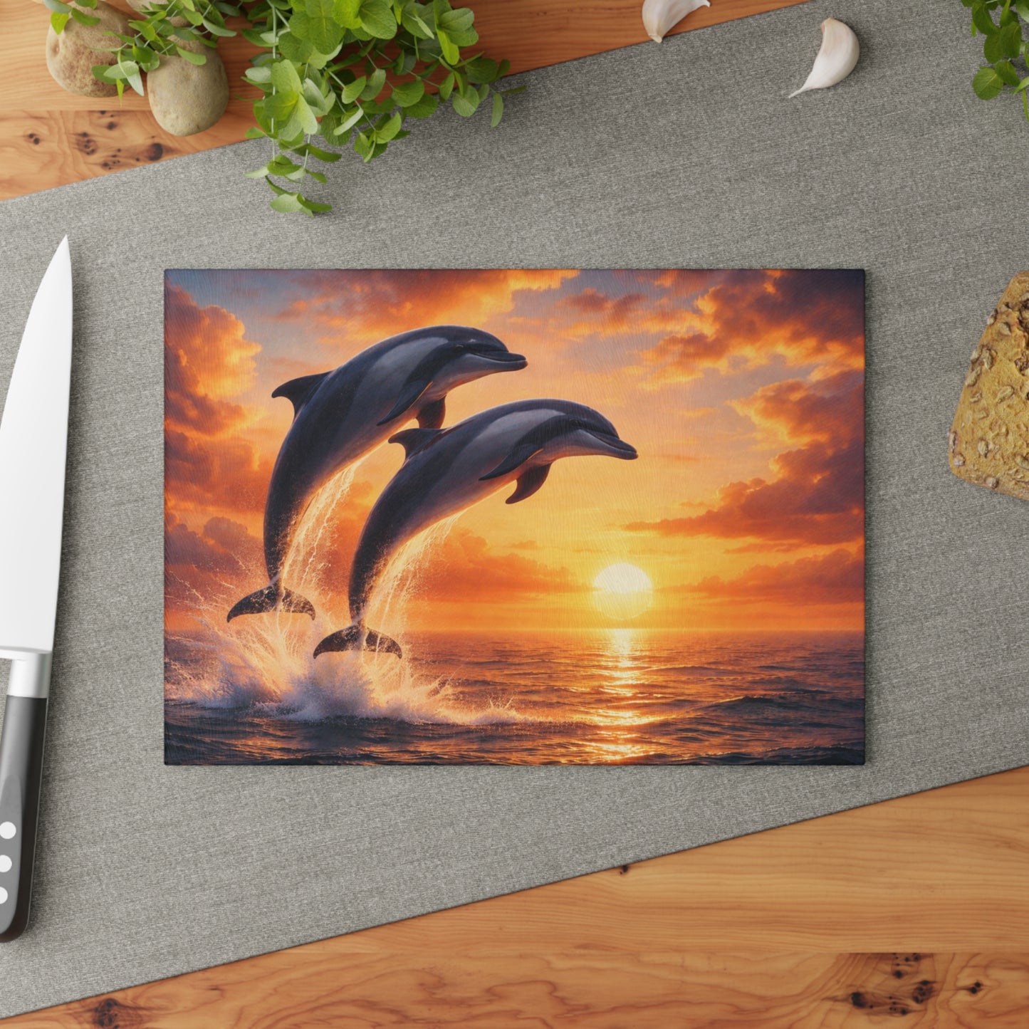 Dolphins at Sunset Glass Cutting Board – Peaceful Ocean Artwork with Golden Horizon
