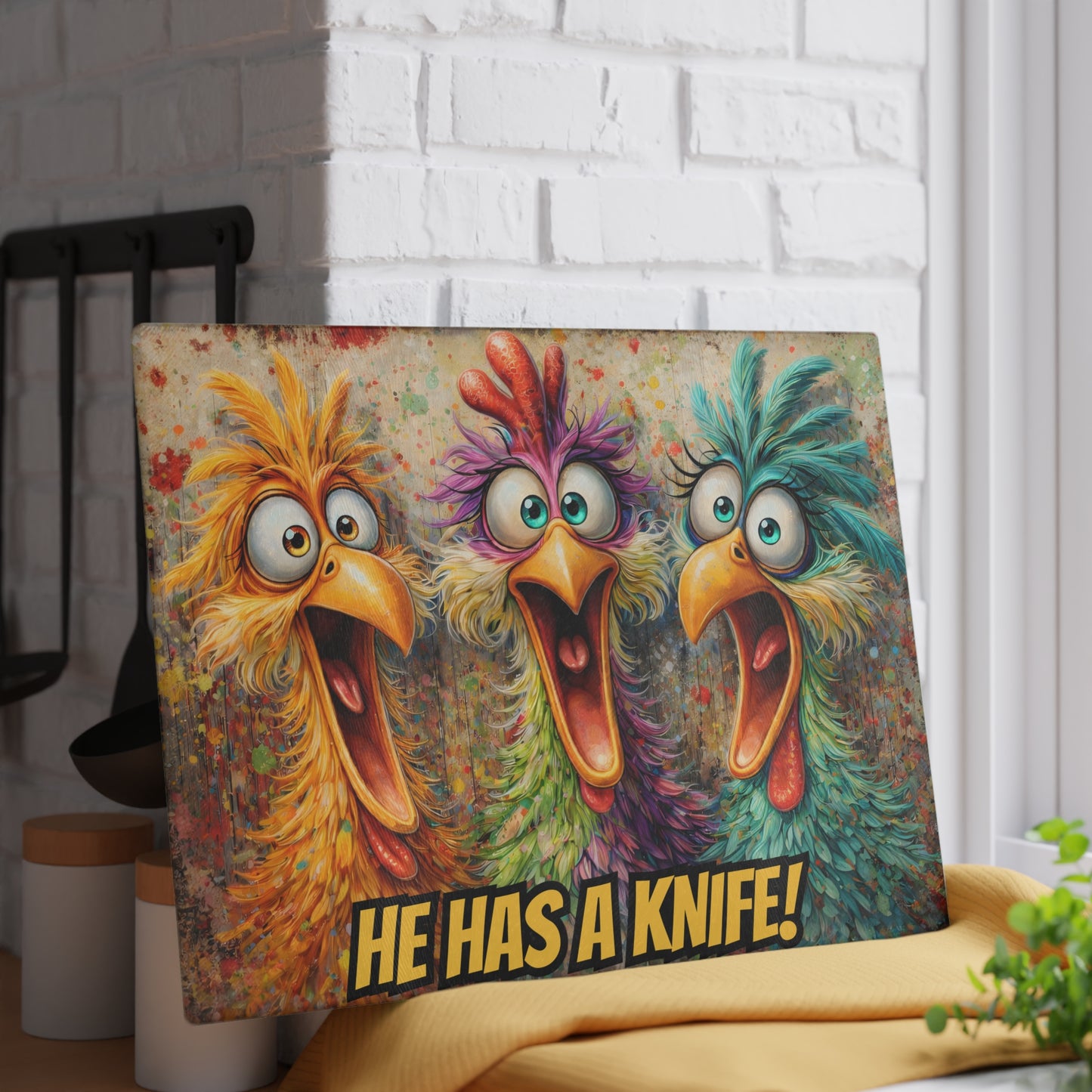 Kitchen Chaos Served Daily Glass Cutting Board – Funny Chicken Kitchen Art