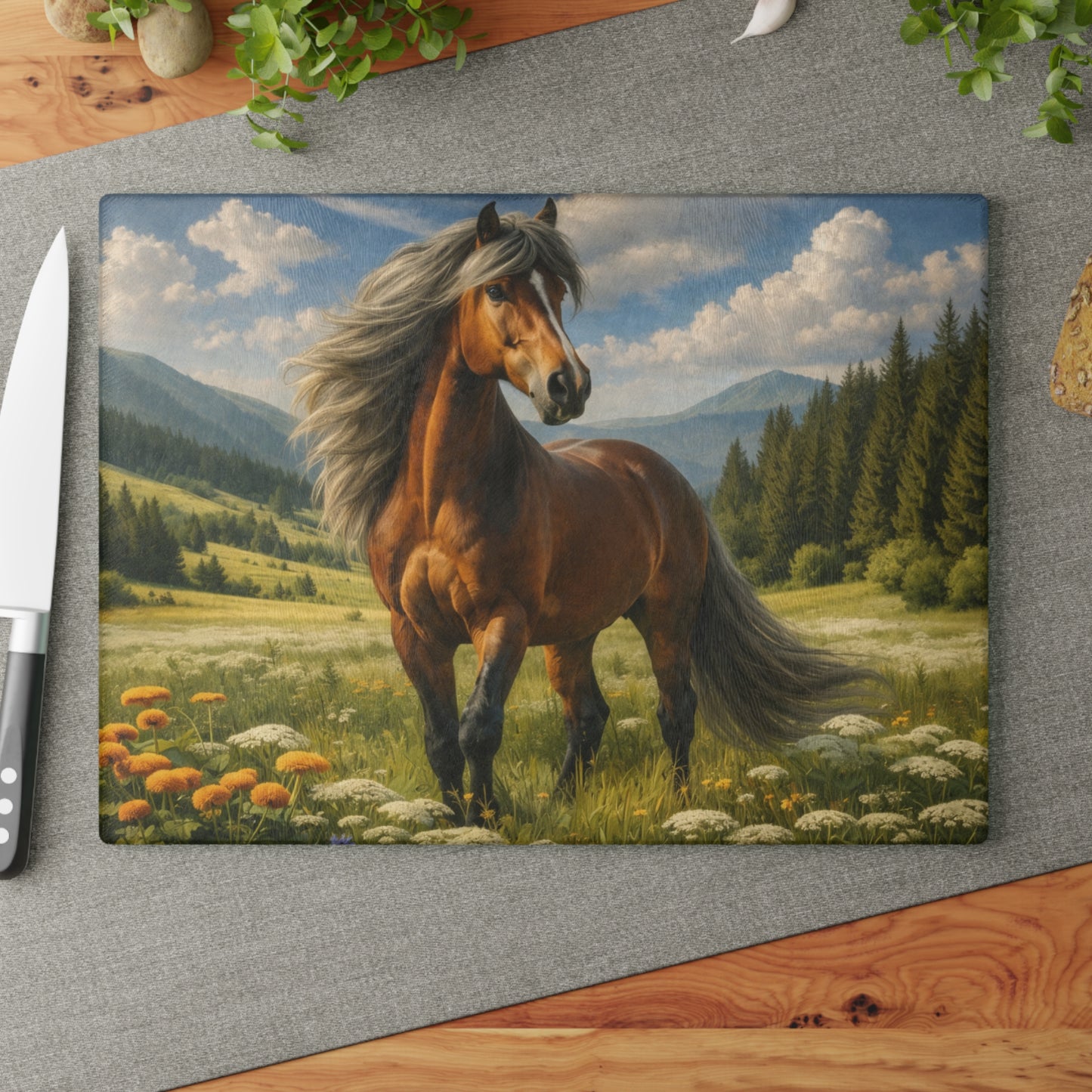 Majestic Horse in Mountain Meadow Glass Cutting Board – Western Farmhouse Horse Lover Kitchen Decor
