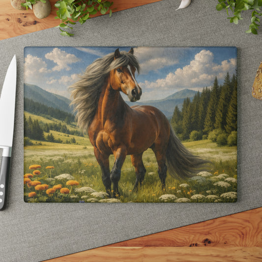 Majestic Horse in Mountain Meadow Glass Cutting Board – Western Farmhouse Horse Lover Kitchen Decor
