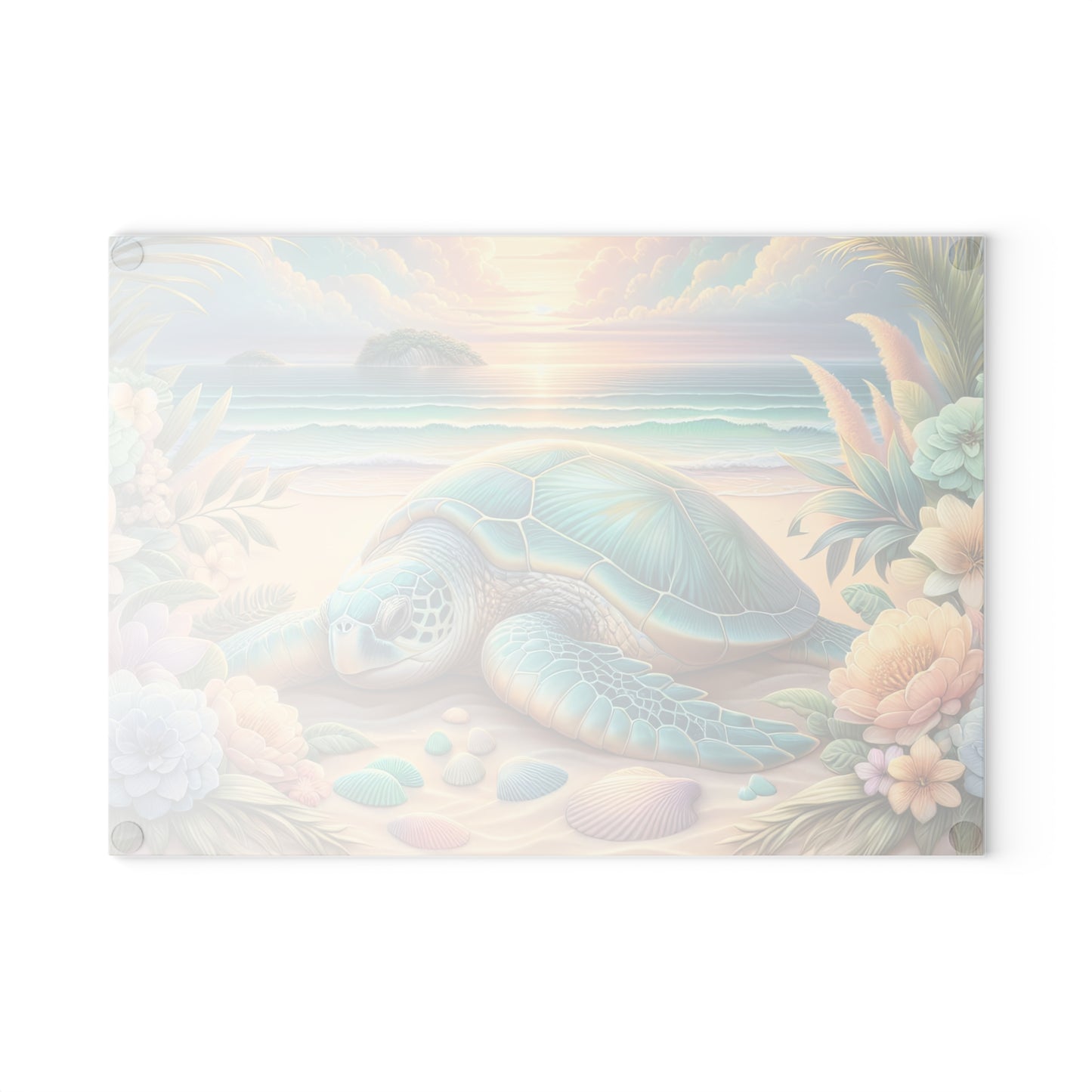 Peaceful Ocean Escape Sea Turtle Glass Cutting Board – Floral Beach Serenity Artwork