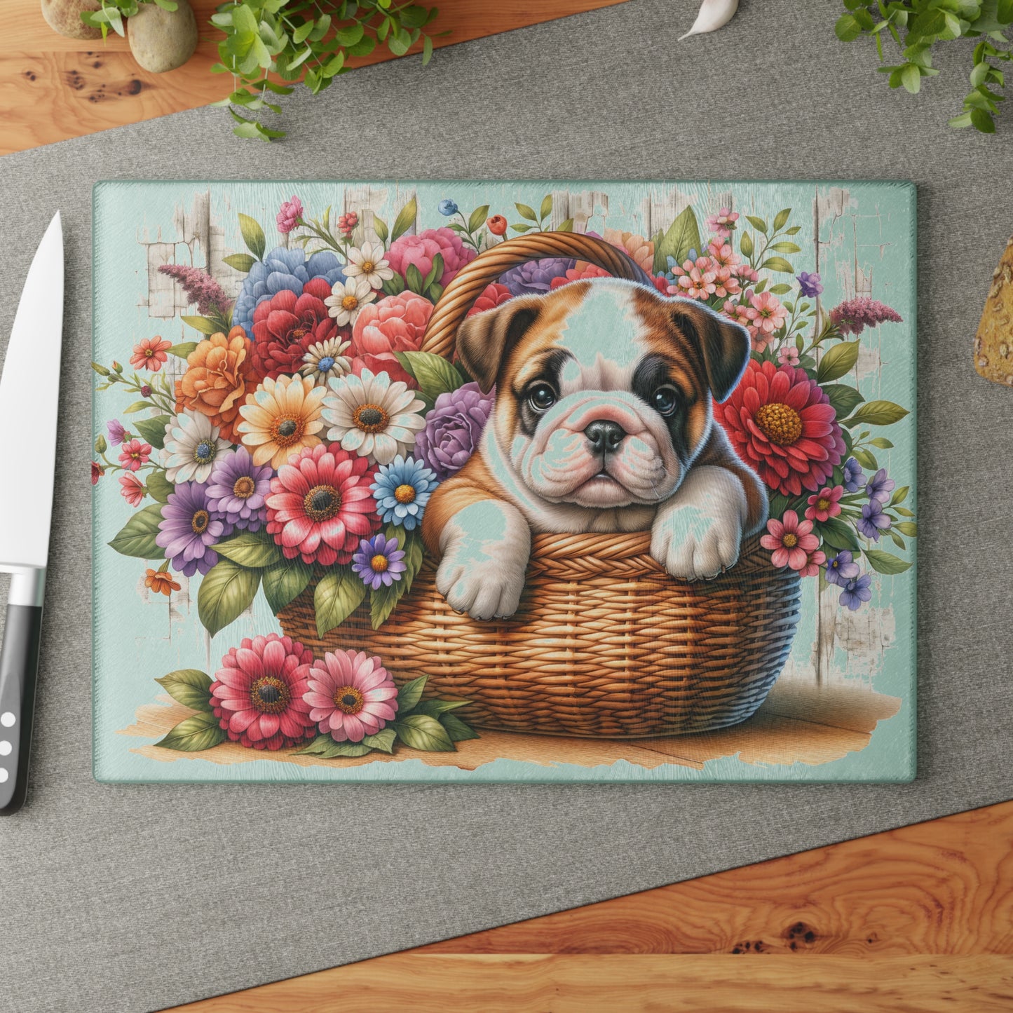 🐾 English Bulldog in Bloom Basket Cutting Board – Rustic Elegance for Your Kitchen 🌺
