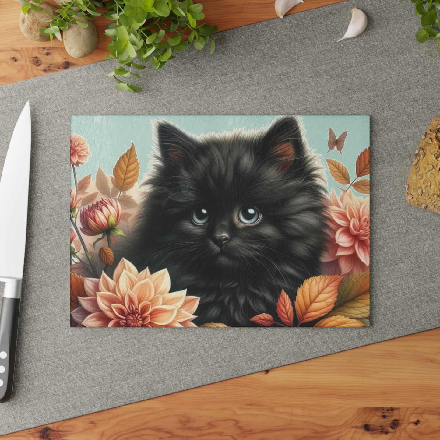 🐾 Autumn Kitten – Black Cat & Dahlia Art Tempered Glass Cutting Board