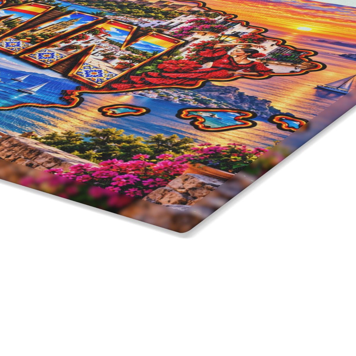 Spain Glass Cutting Board – Spanish Map, Flamenco Dancer, Sagrada Família, Coastal Villages & Mediterranean Sunset Kitchen Décor