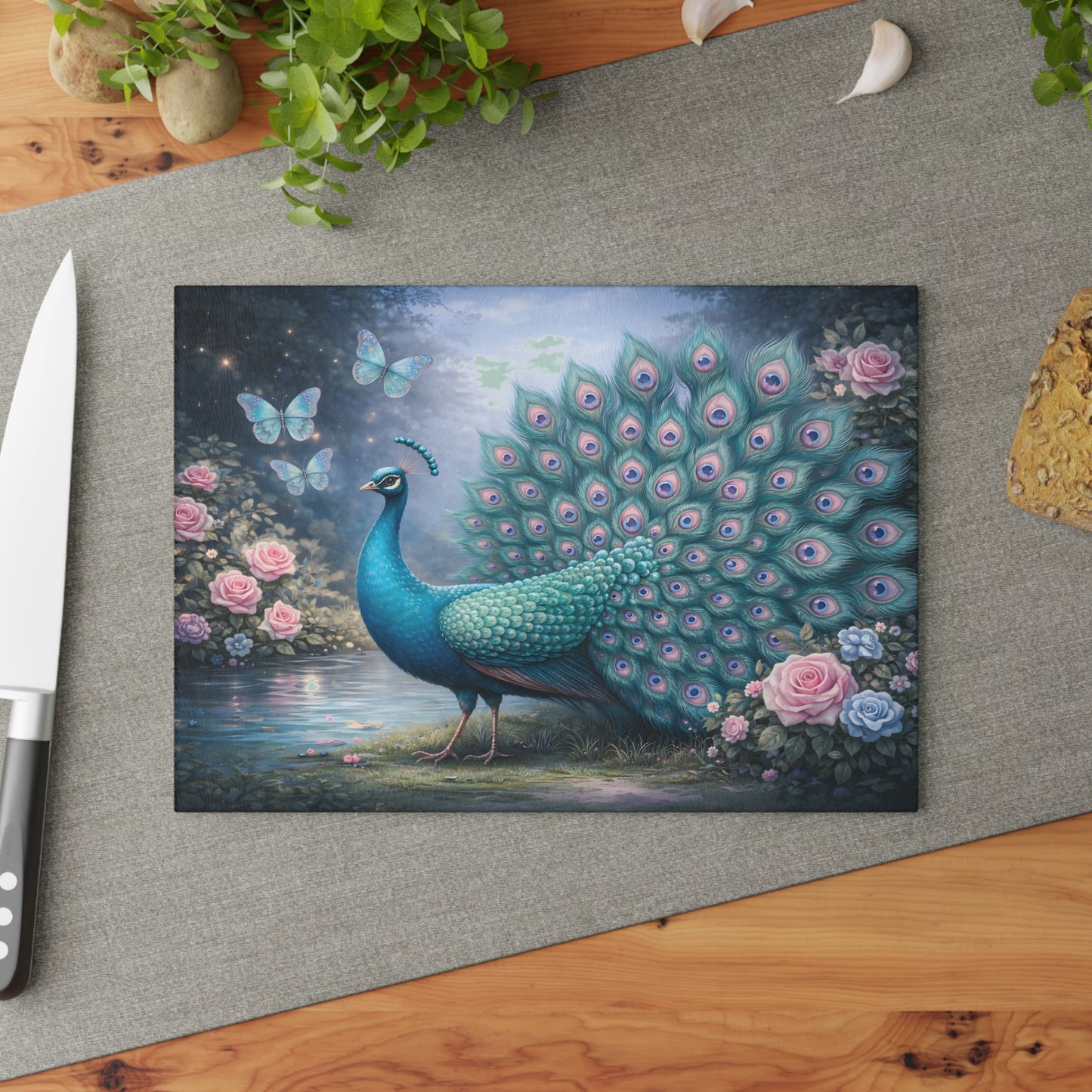 Teal Peacock Garden Glass Cutting Board – Elegant Floral Bird Art Kitchen Display
