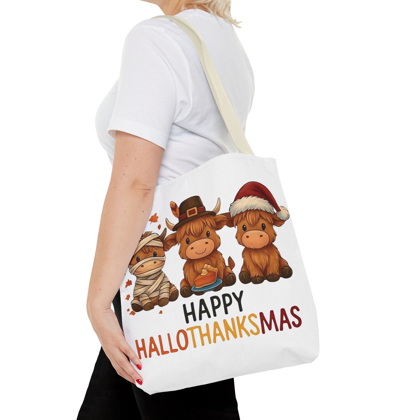 🐮 Happy Hallothanksmas Highland Cow Tote Bag – Holiday Fun All Season 🎃🦃🎄👜