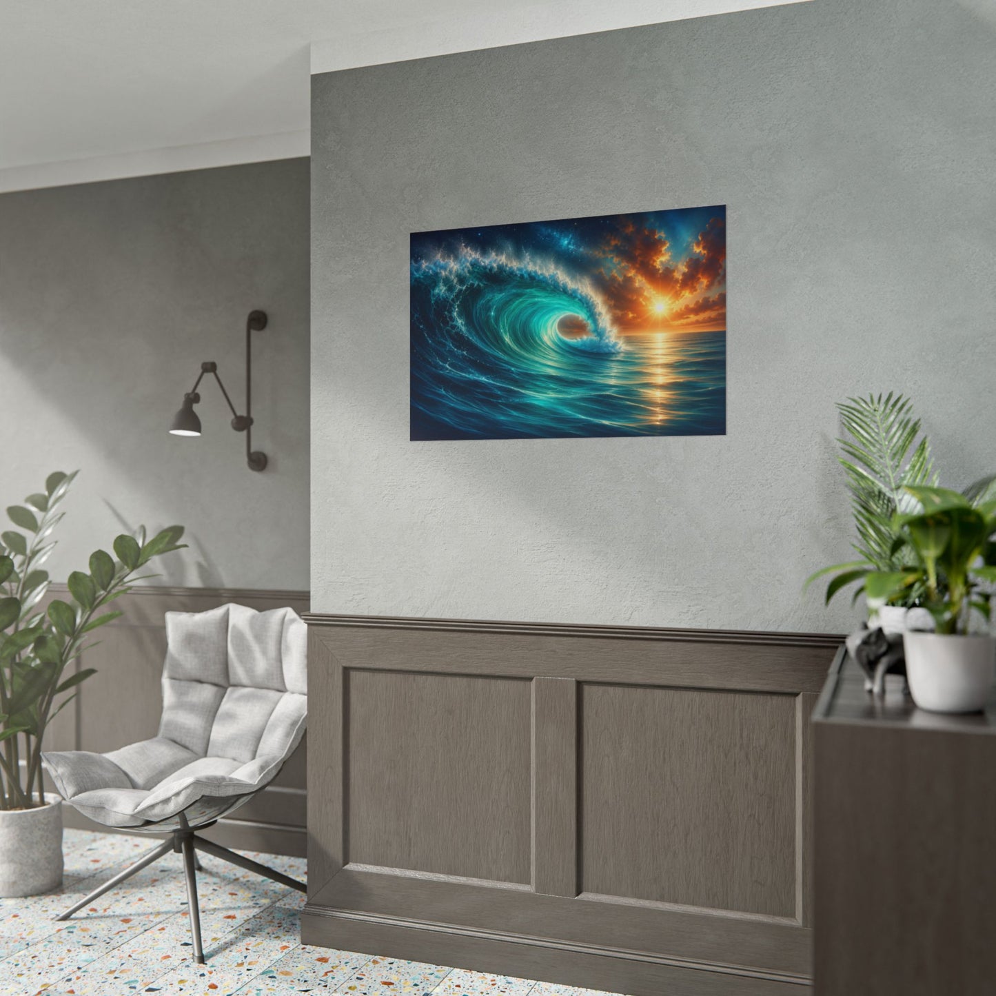 Dramatic Ocean Wave & Sunset Rolled Poster – Coastal Seascape Wall Art – 36 × 24 Inches