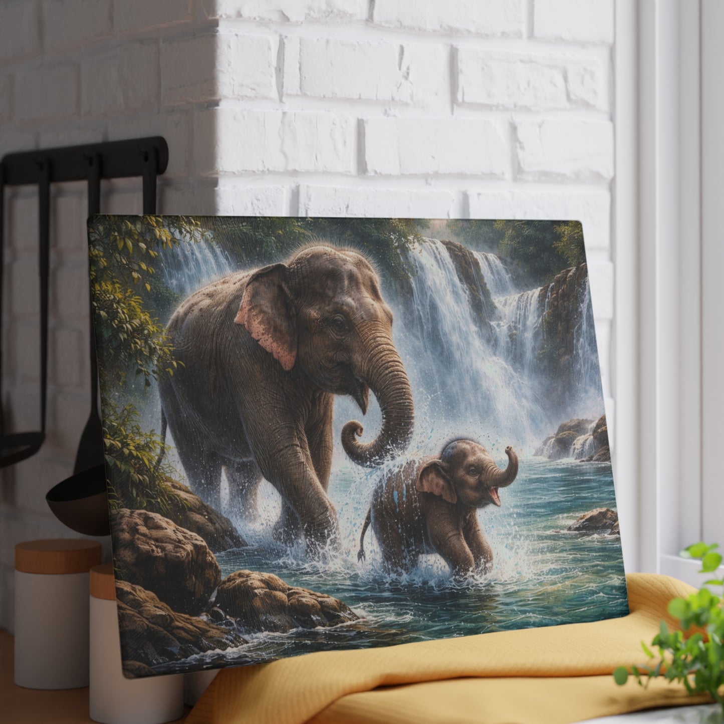 Elephant Waterfall Adventure Glass Cutting Board – Playful Wildlife Nature Kitchen Art