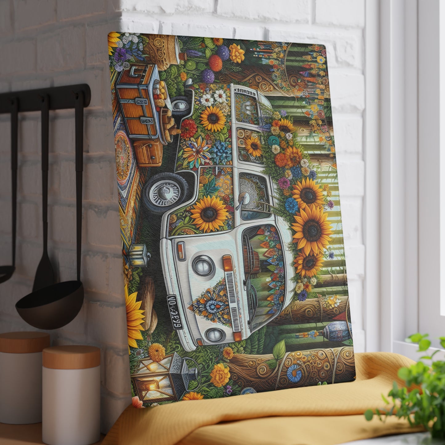 🌻 Boho Sunflower Van Cutting Board – Retro Vibes for Your Kitchen 🌼