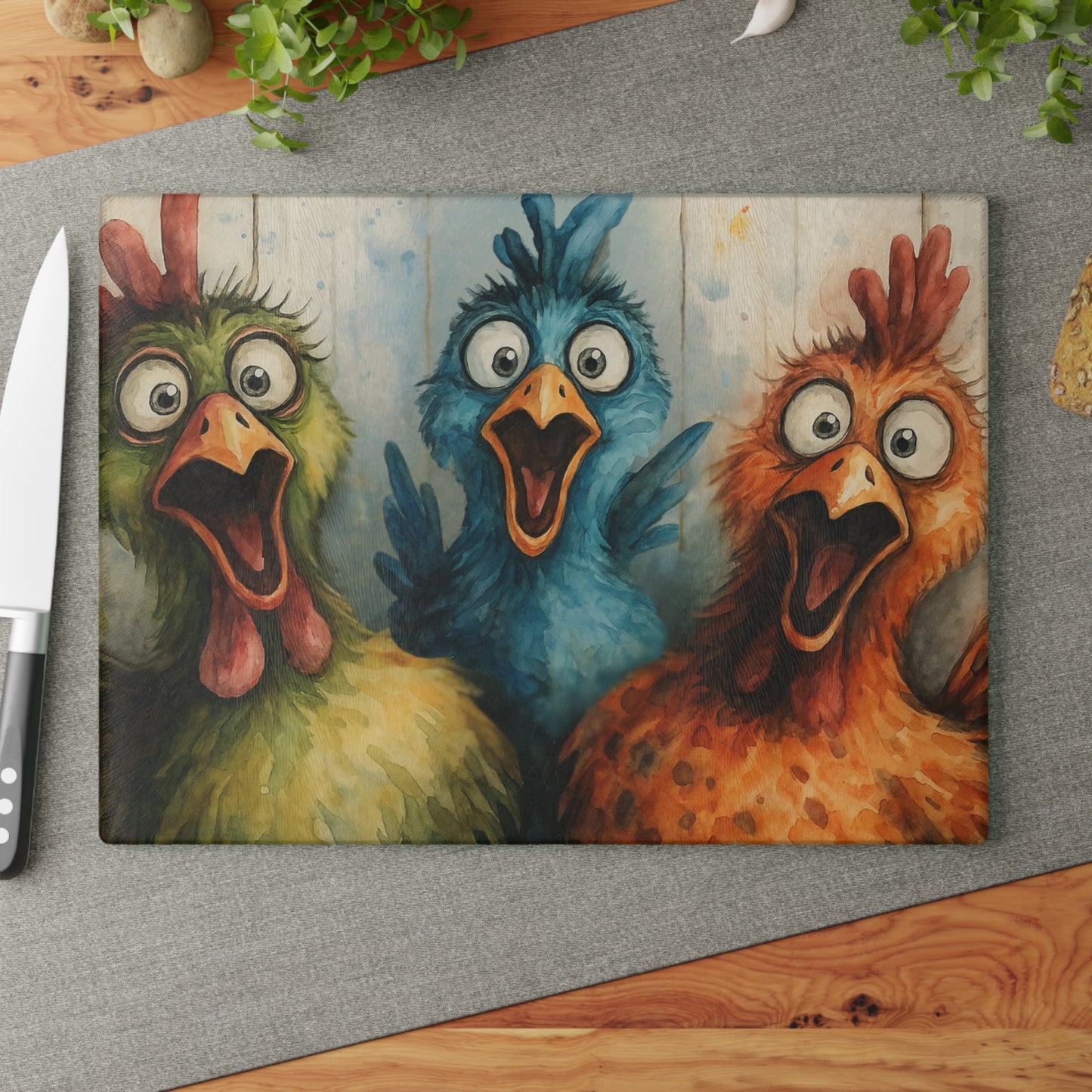 🐔🎨 Cluckin’ Crazy Fun – Colorful Chicken Glass Cutting Board for Farmhouse Charm 🐓