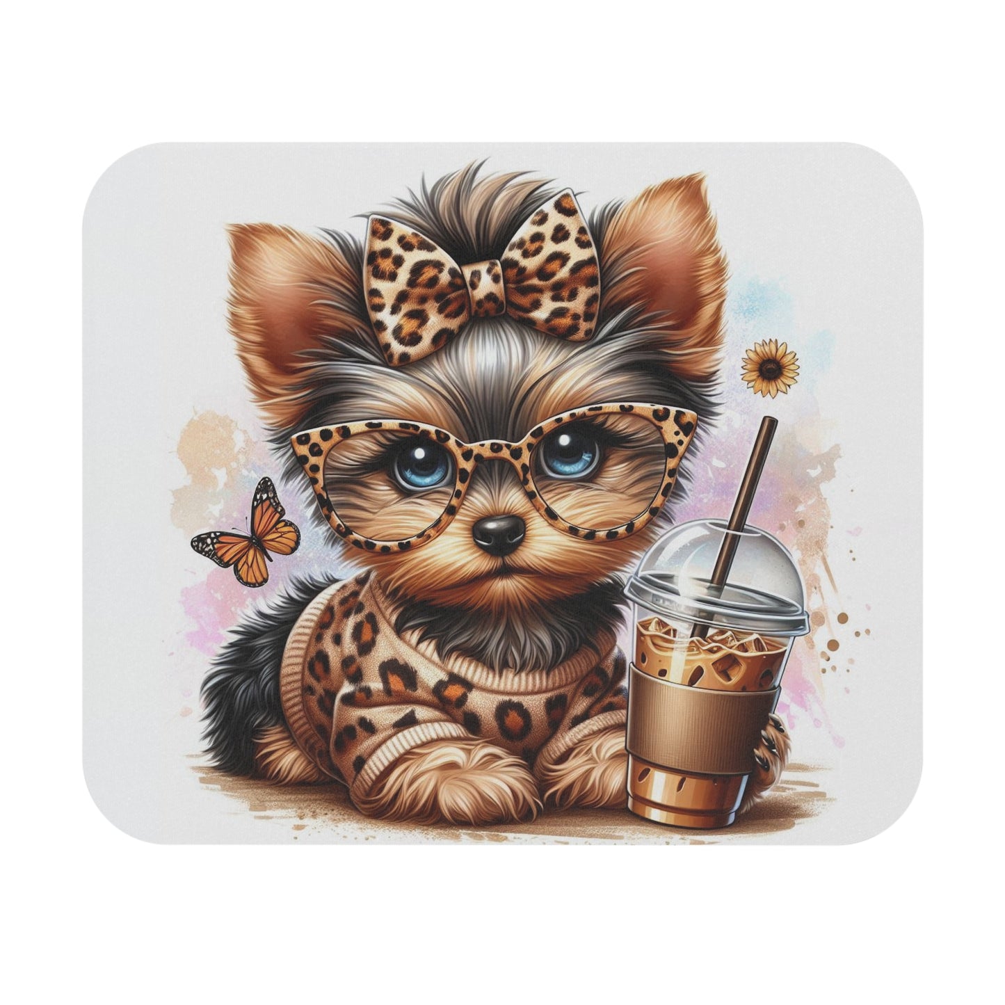 🖱️☕🐶 Leopard Chic Yorkie Mouse Pad – Glasses, Iced Coffee & Cute Vibes