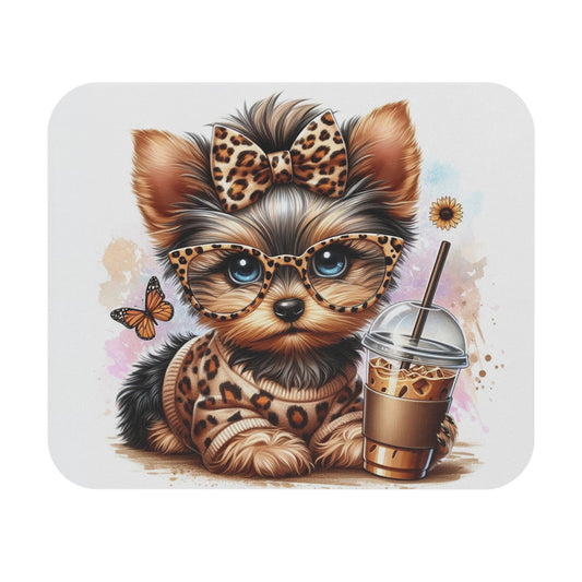 🖱️☕🐶 Leopard Chic Yorkie Mouse Pad – Glasses, Iced Coffee & Cute Vibes