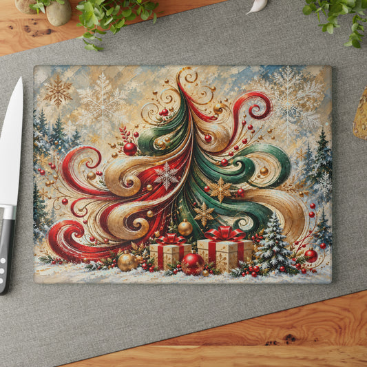 legant Swirl Christmas Tree Glass Cutting Board – Red, Green & Gold Holiday Kitchen Décor