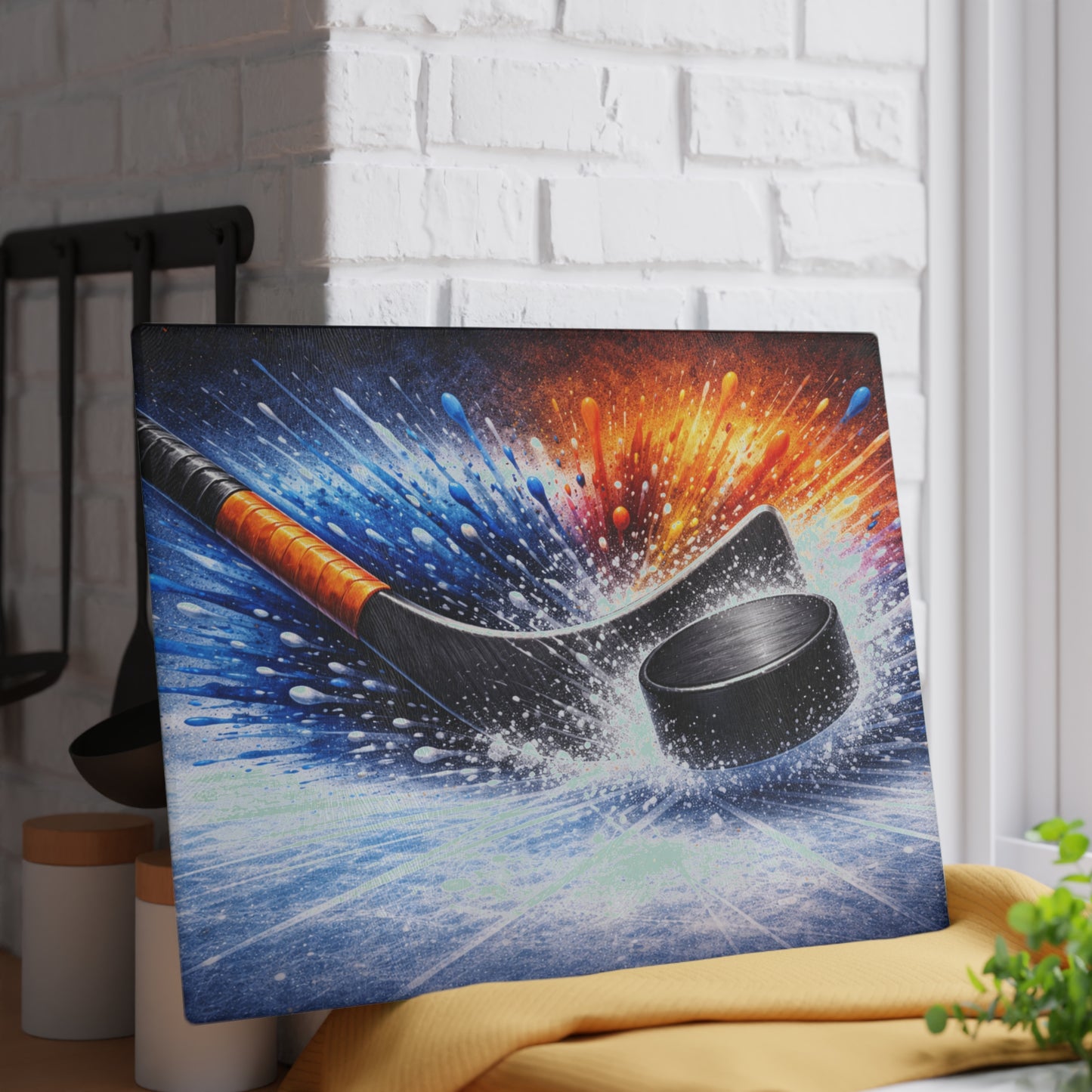 Hockey Stick and Puck Glass Cutting Board – Color Splash Ice Hockey Sports Artwork
