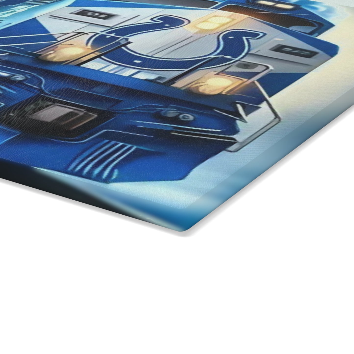 Royal Blue & White Express Glass Cutting Board – Sleek Train Art for Clean, Modern Kitchens