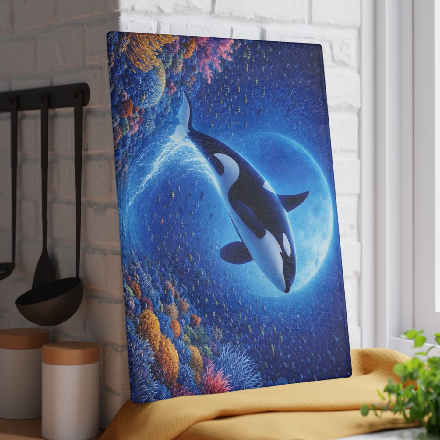 Moonlit Orca Glass Cutting Board – Majestic Ocean Night Artwork