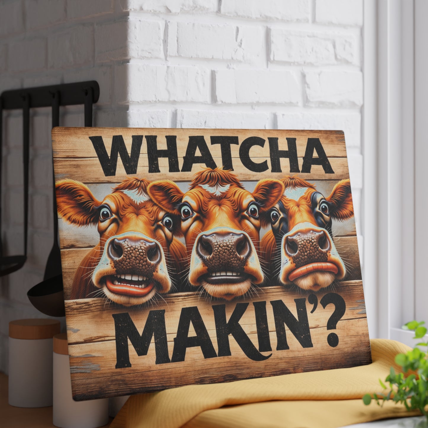 Whatcha Makin’? Glass Cutting Board – Funny Cow Farmhouse Kitchen Decor