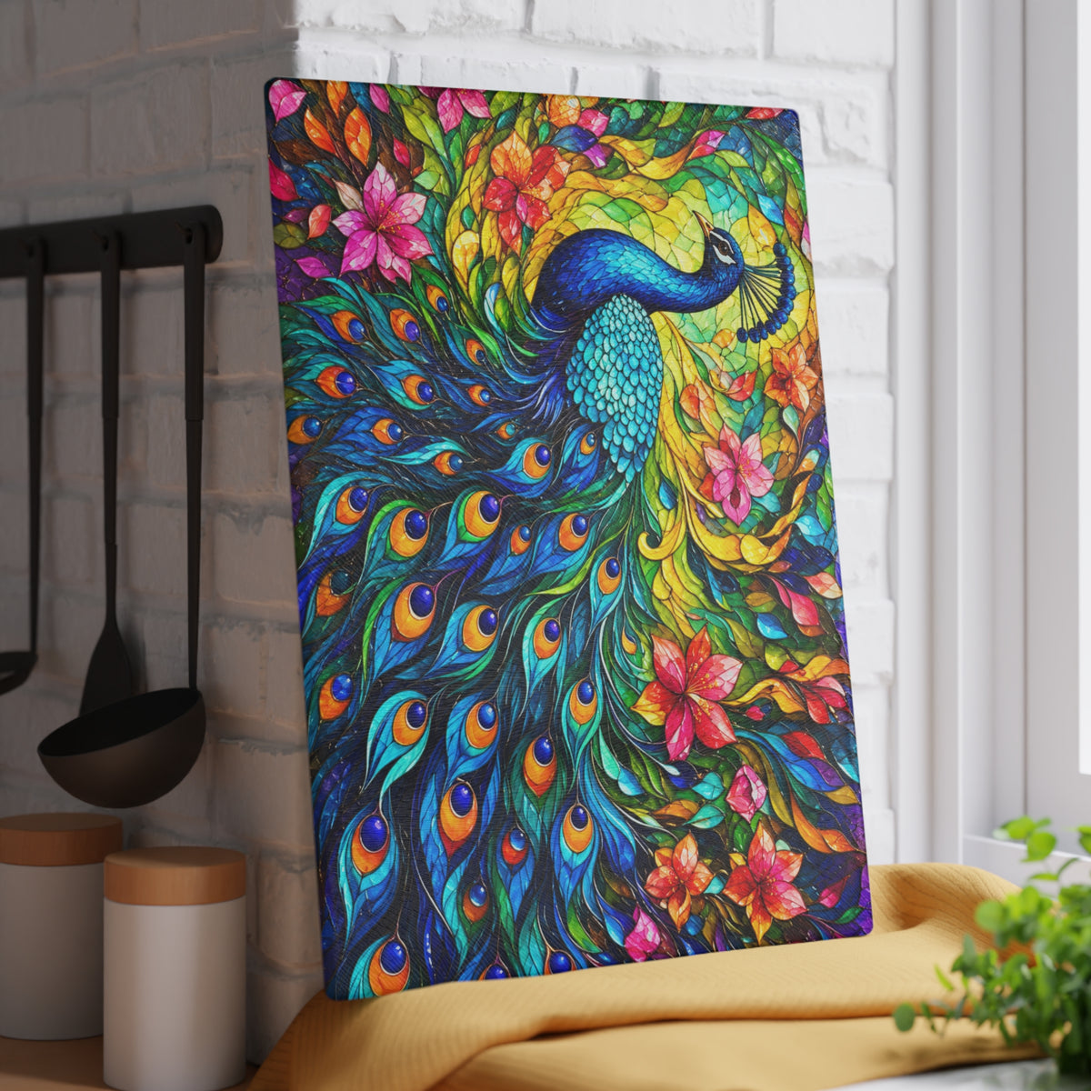 Colorful Peacock Stained-Glass-Inspired Cutting Board – Vibrant Peacock Feathers, Tropical Flowers & Elegant Kitchen Décor
