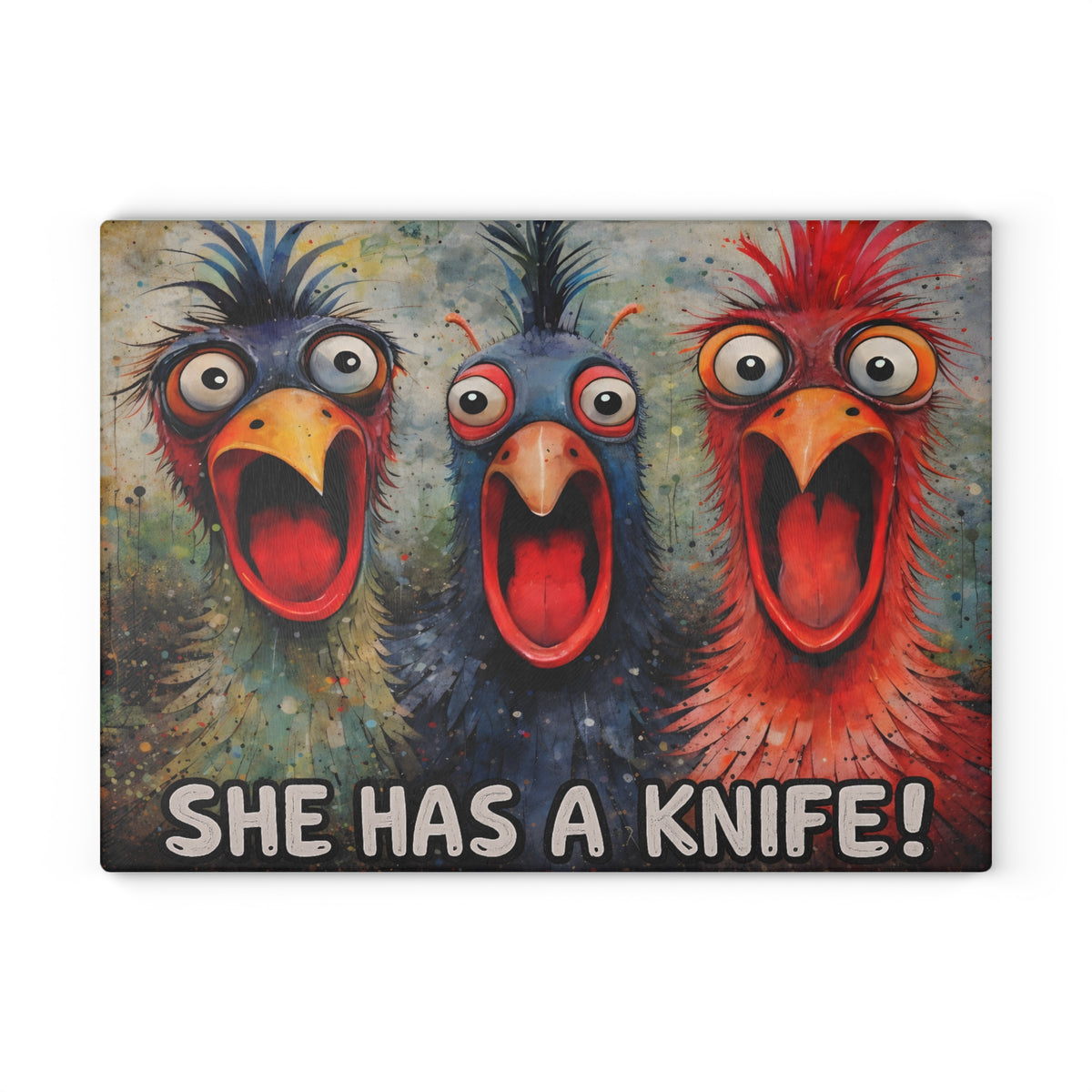 She Has a Knife Glass Cutting Board – Funny Chicken Kitchen Art with Bold Farm Humor