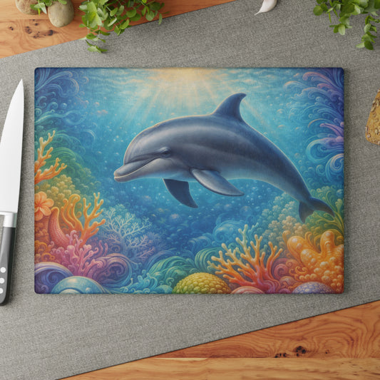 Peaceful Dolphin Glass Cutting Board – Tranquil Ocean Life Artwork