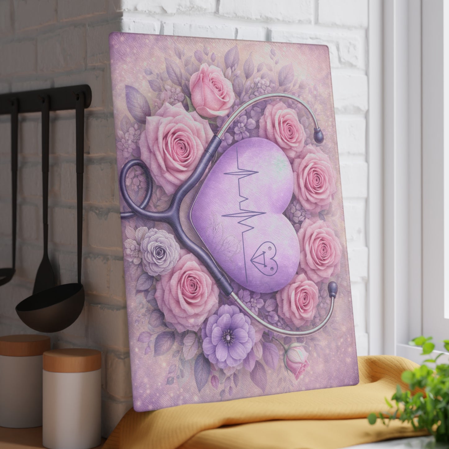Nurse Heartbeat Floral Glass Cutting Board – Medical Appreciation Kitchen Art