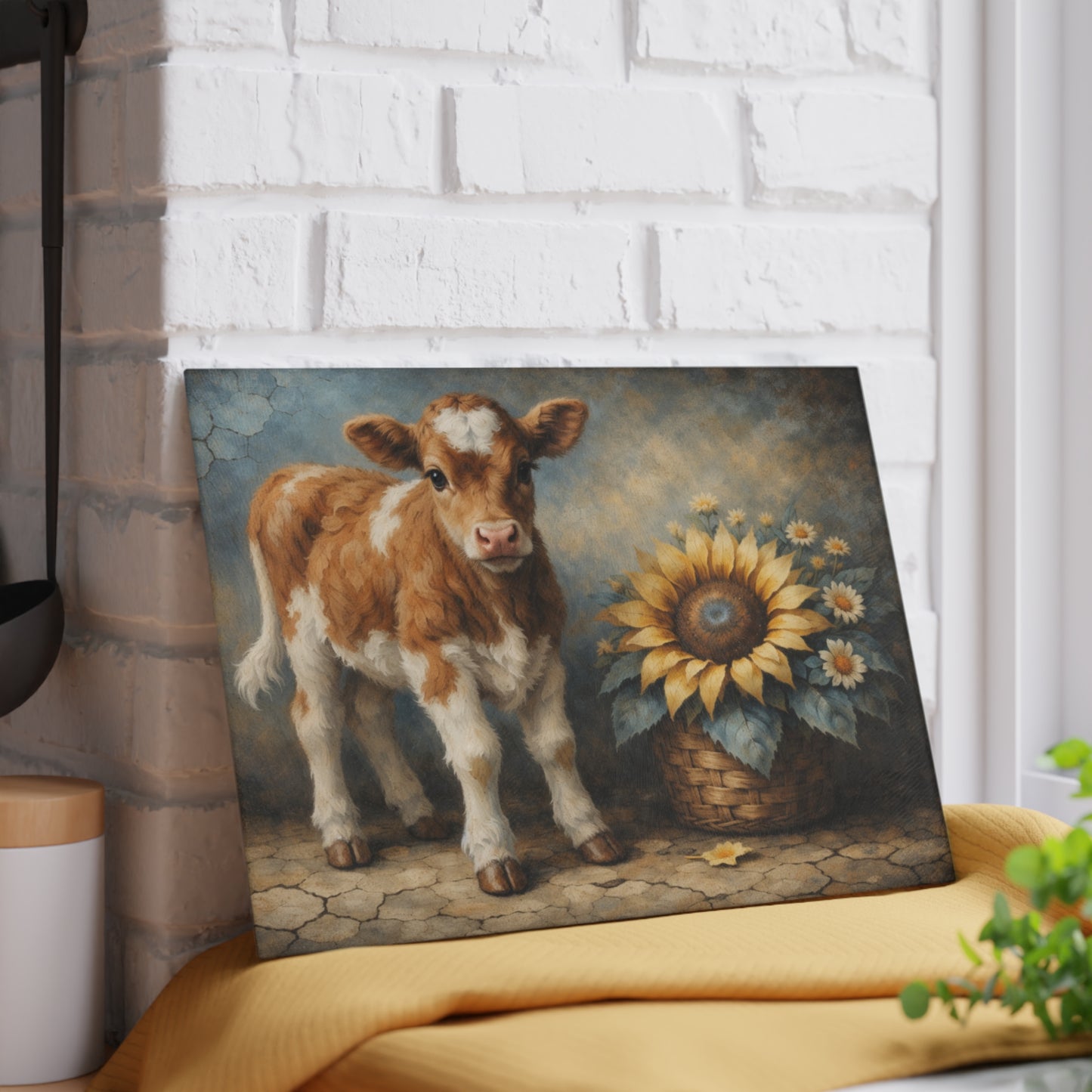 Sunflower Calf Glass Cutting Board – Rustic Farmhouse Kitchen Decor