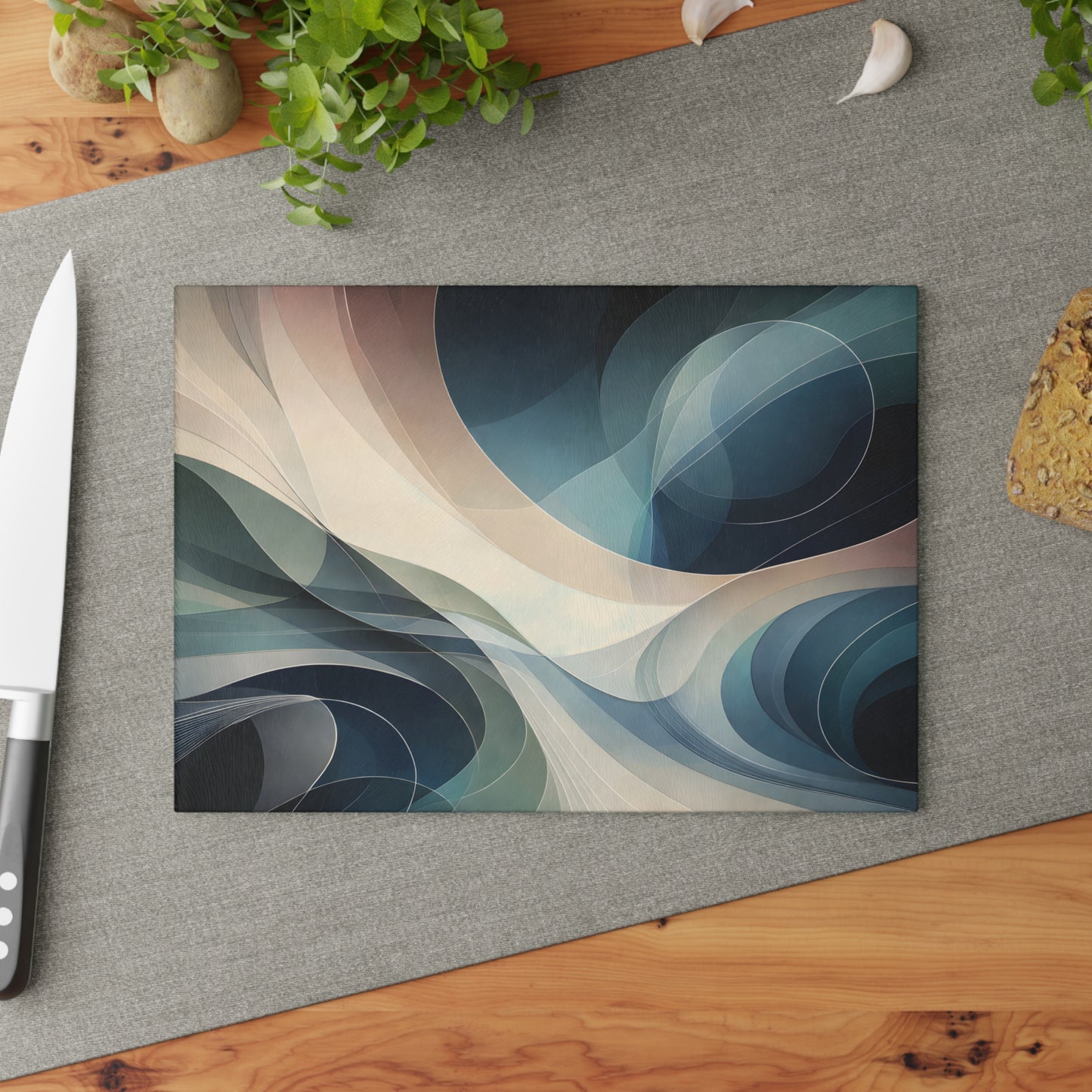 Modern Abstract Wave Glass Cutting Board – Neutral Flow Contemporary Kitchen Art