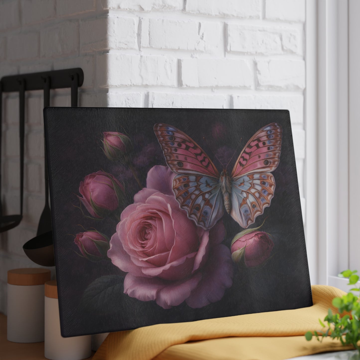 Pink Rose & Butterfly Glass Cutting Board – Elegant Dark Floral Nature Kitchen Décor