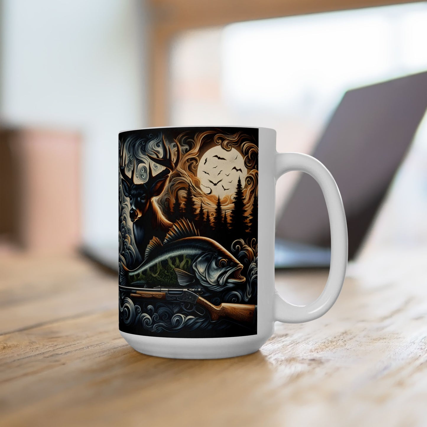 🦌🎣 Personalized Hunting & Fishing Mug – Deer, Bass & Outdoors Coffee Cup 🌲☕