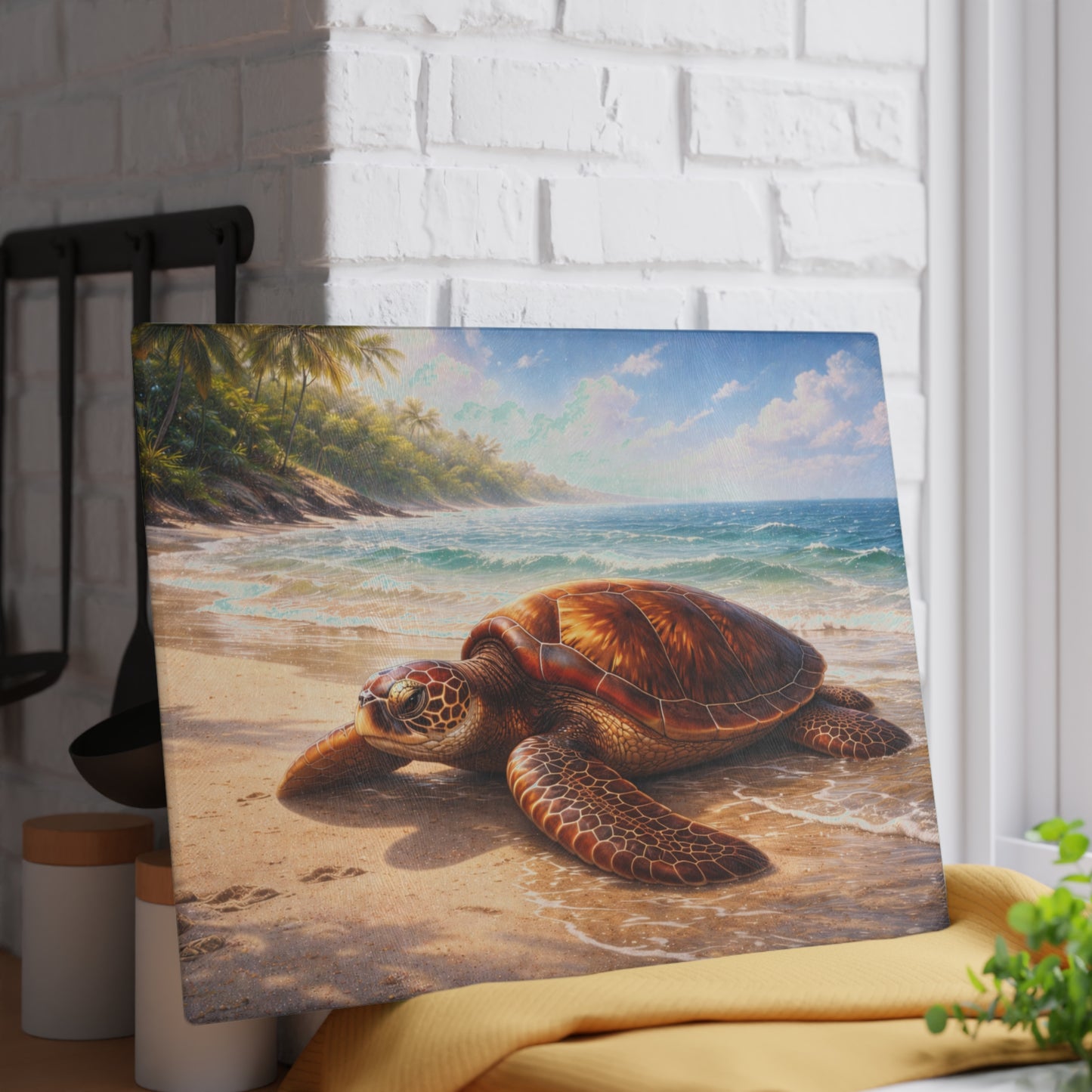 Sea Turtle Tropical Beach Glass Cutting Board – Coastal Ocean Wildlife Kitchen Art