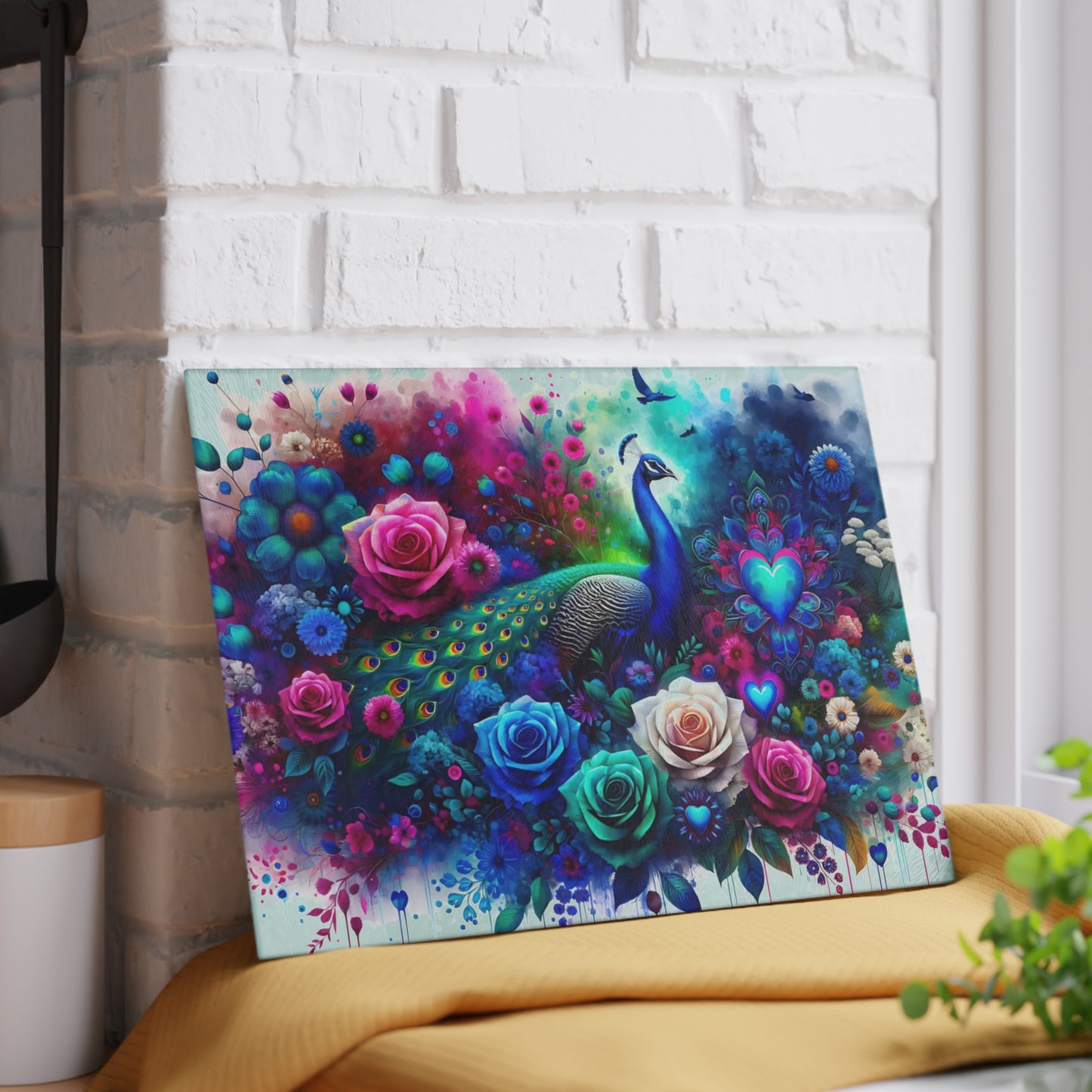 🦚🌹 Peacock Rainbow Floral Cutting Board – Vibrant Elegance Meets Artistic Charm 💙🌸