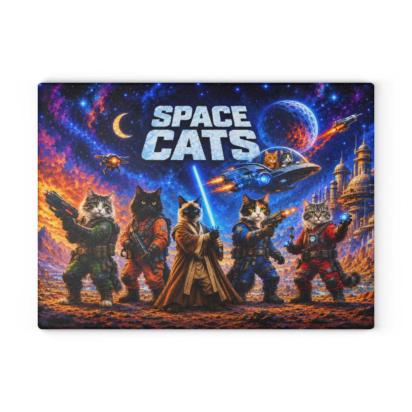 Space Cats Glass Cutting Board – Colorful Cosmic Cat Adventure Artwork