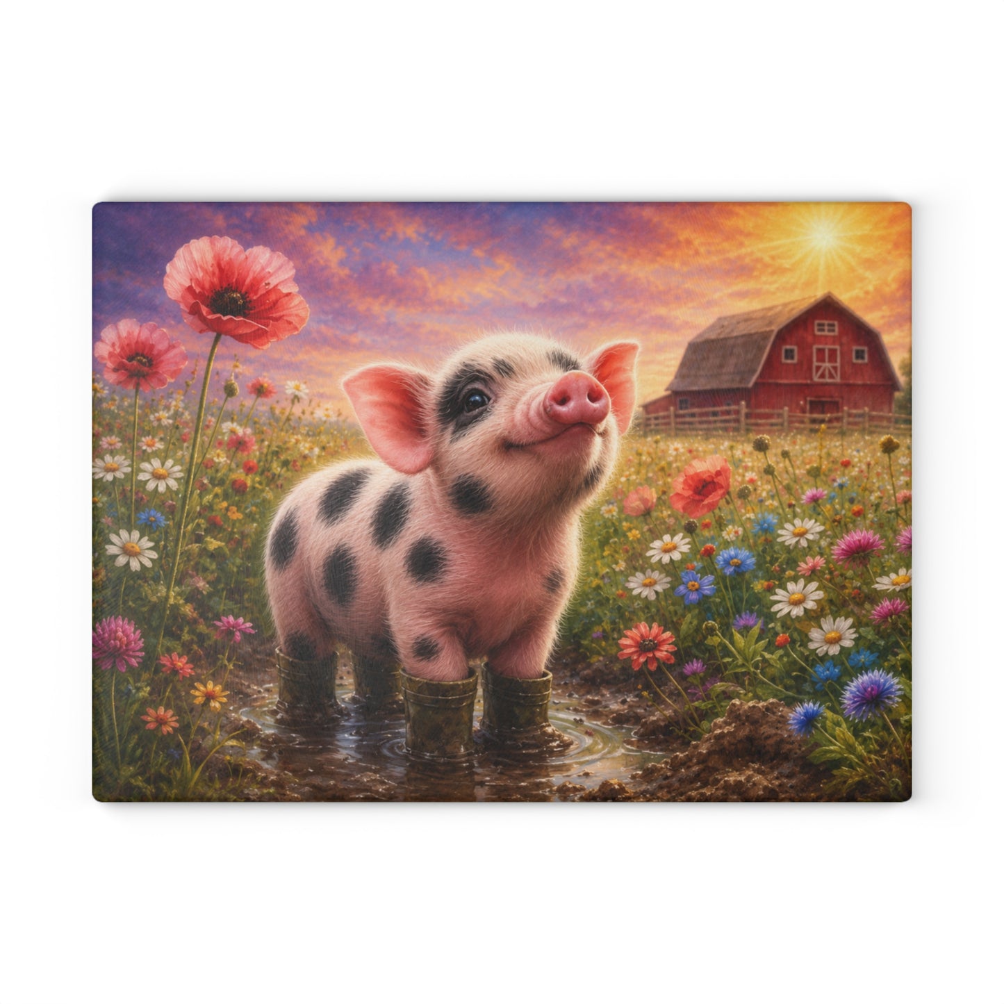 Piglet in Rain Boots Glass Cutting Board – Cute Baby Pig Farmhouse Kitchen Decor