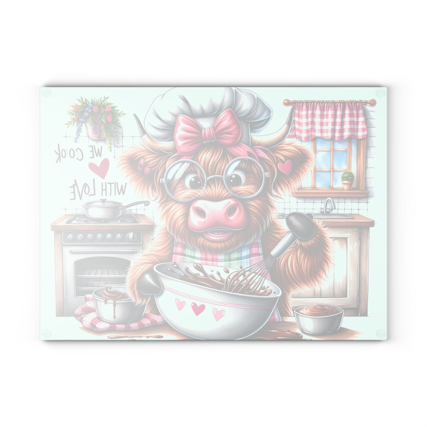 🐮 Sweet Highland Cow Baking Cutting Board – "We Cook With Love" Kitchen Whimsy