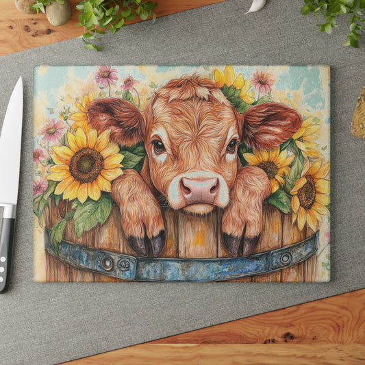 🐮🌻 Sunflower Calf Cutting Board – Rustic Farmhouse Beauty for Your Kitchen 🌼