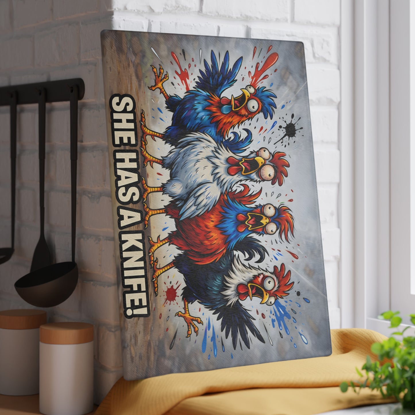 She Has a Knife! Glass Cutting Board – Bold Funny Chicken Kitchen Art