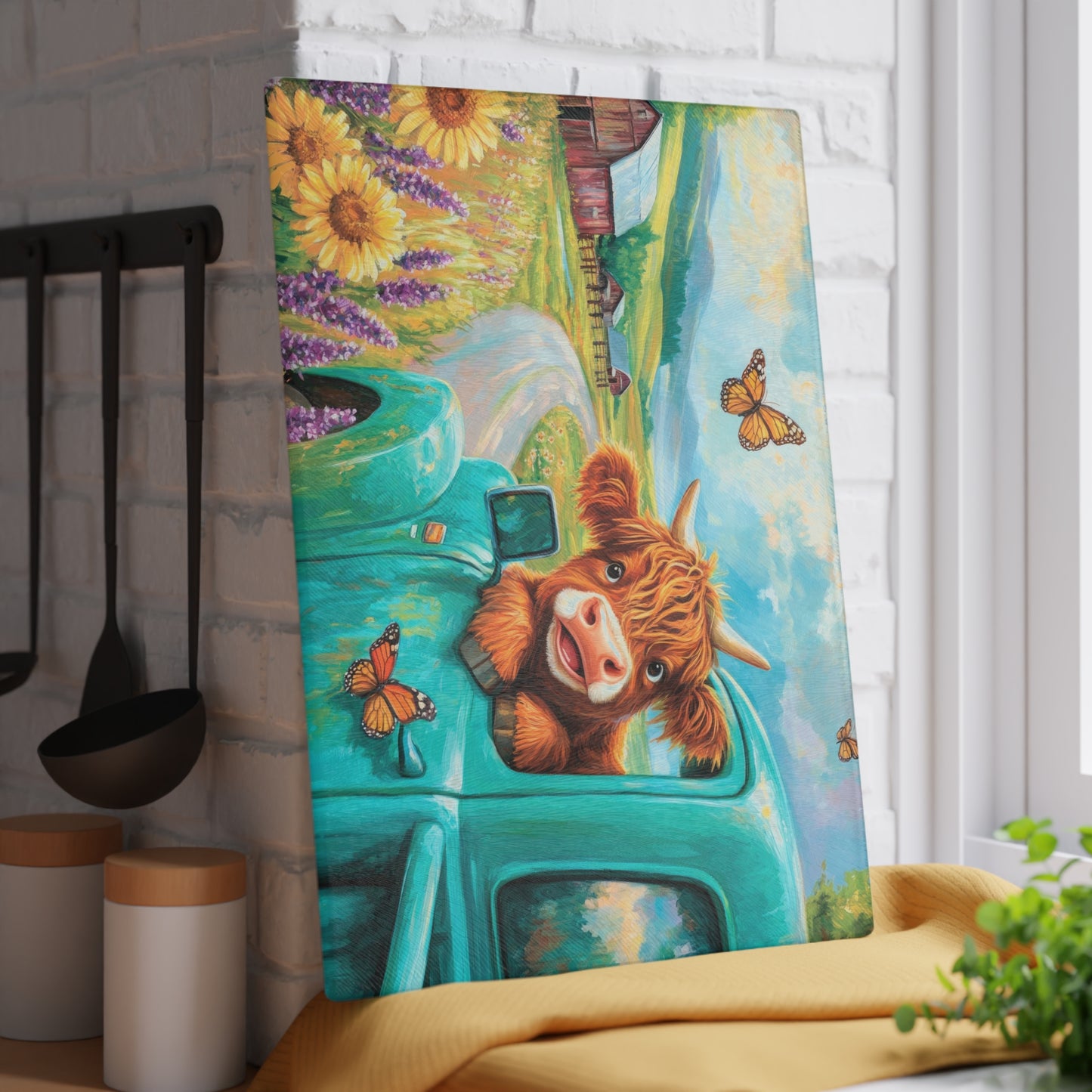 🚜🌻 Baby Highland Cow in Old Truck Glass Cutting Board – Rustic Farm Charm with Sunflowers & Barn 🌼