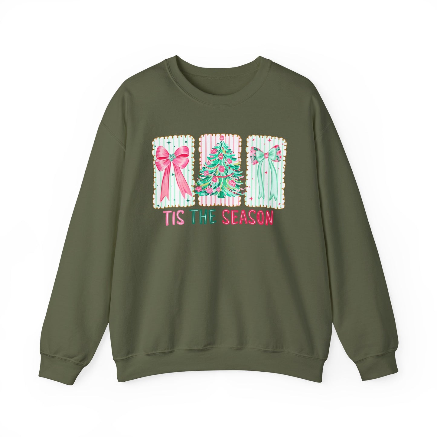 🎀🎄 ’Tis The Season Sweatshirt – Pastel Bows & Merry Tree Vibes ✨☃️