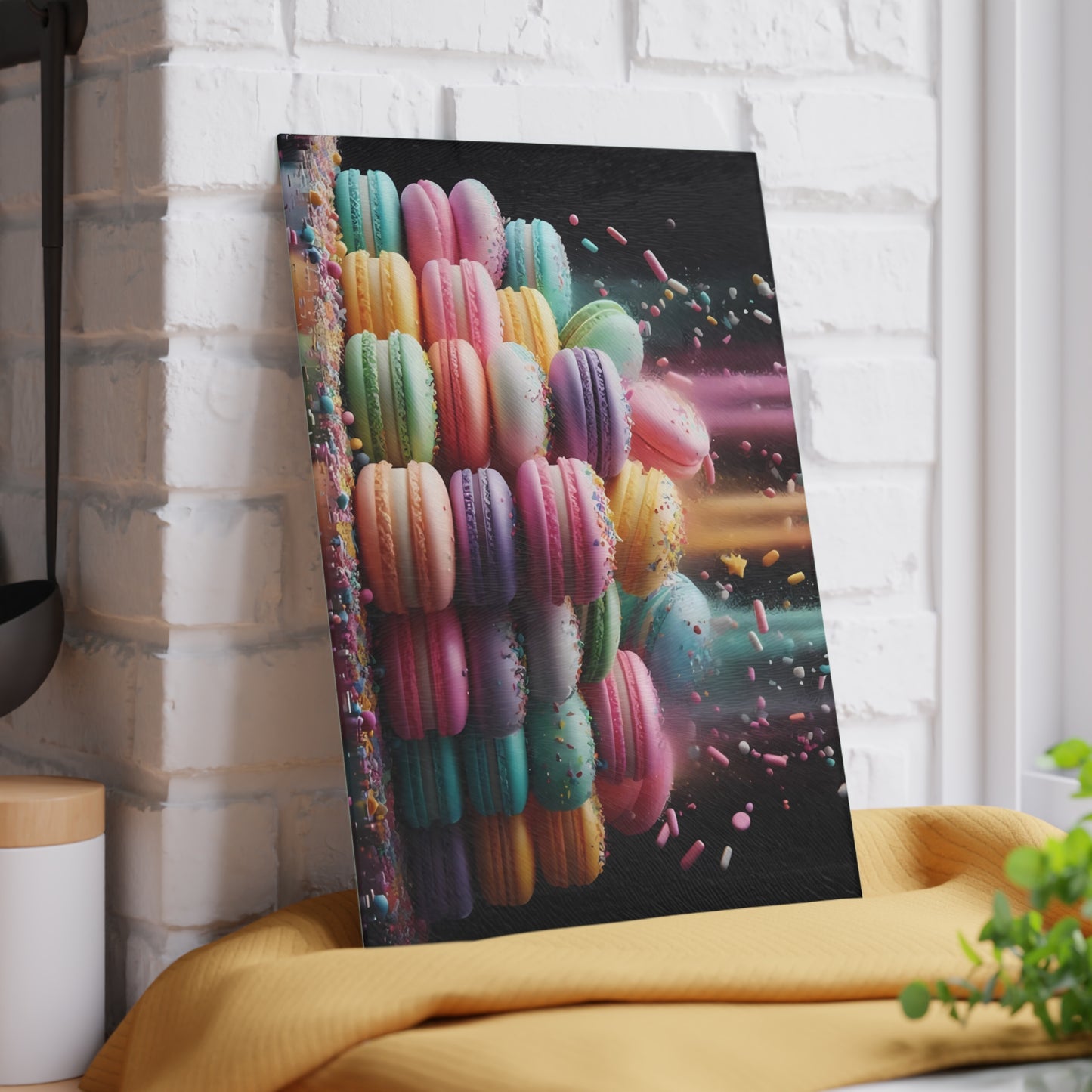 Tabla de cortar de vidrio con macarons pastel: una decoración de cocina dulce con un toque de fantasía
