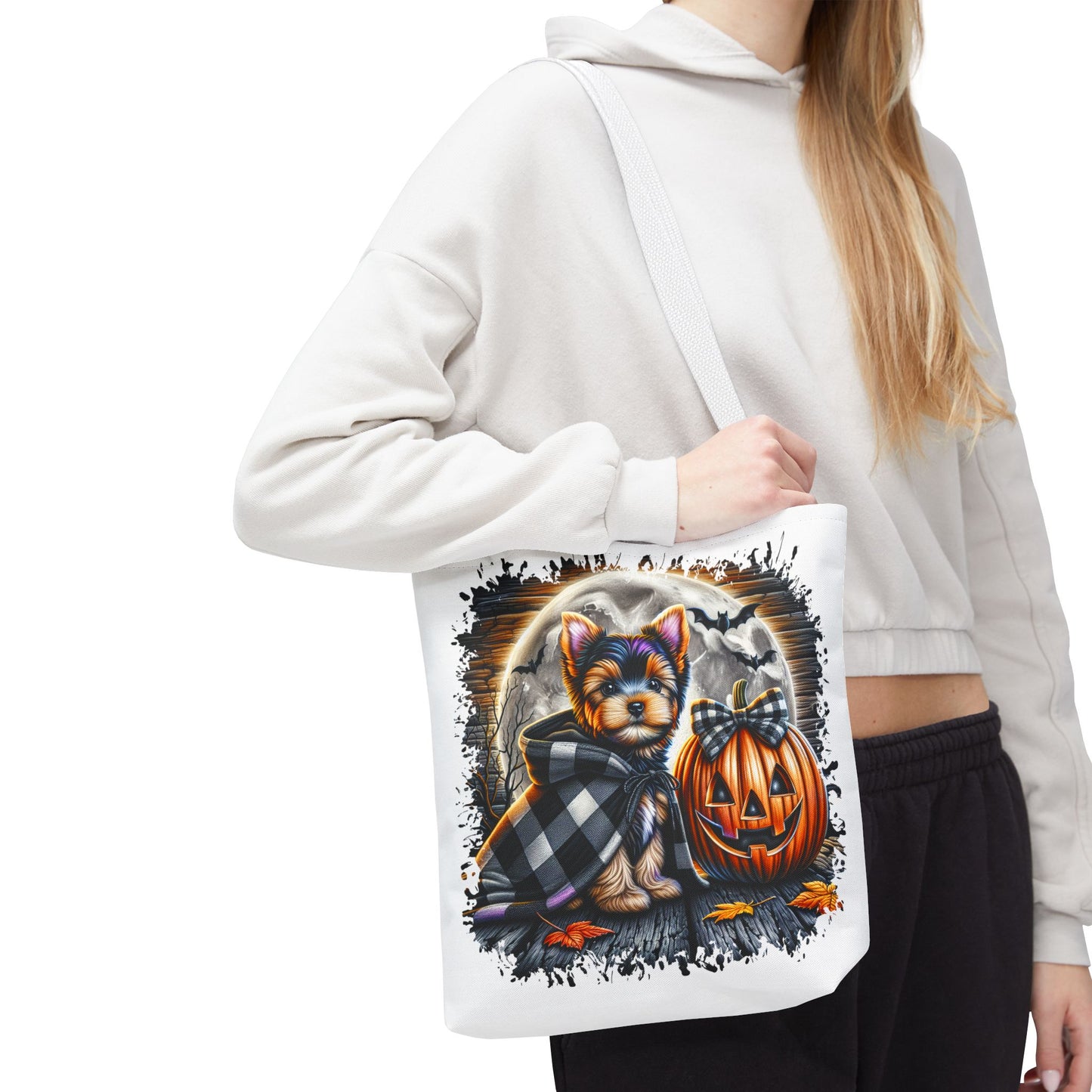 🎃 Yorkie Halloween Tote Bag – Spooky Cute & Plaid Perfect 🐾🖤👜